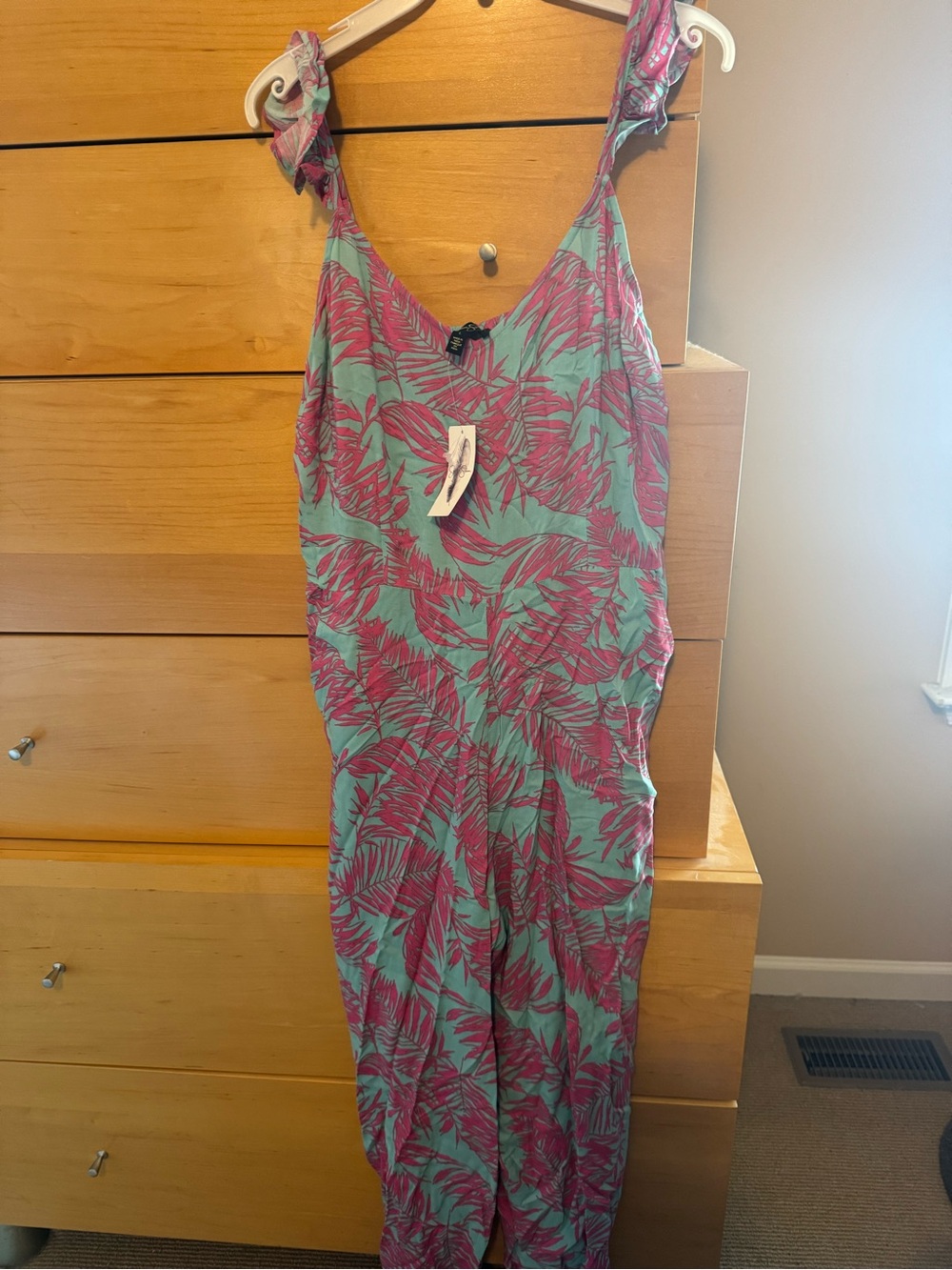 Ladies L Tropical Leaf Print One-Piece Jumpsuit - Teal & Magenta